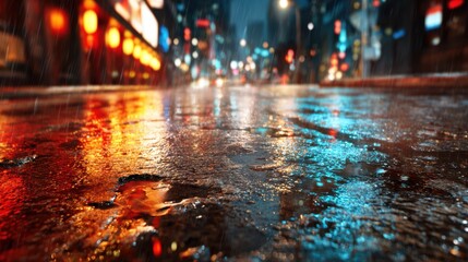 A vibrant city street illuminated by colorful lights reflecting off wet pavement during a rainy night, creating a captivating urban atmosphere filled with life.