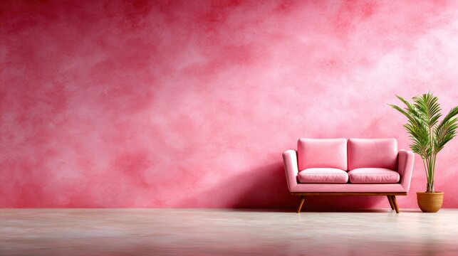 A charming interior scene featuring a cozy pink couch set against a textured pink wall, creating a delightful and inviting atmosphere for relaxation and comfort.