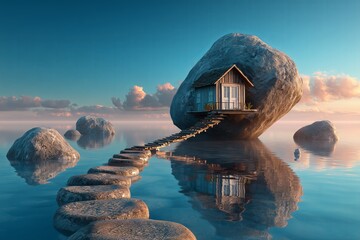 A tiny house perches atop a floating rock, connected by a bridge to stepping stones. The surreal scene symbolizes solitude, adventure, and imaginative freedom.