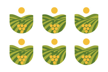 Stylized vineyard landscape with sun and cluster icons