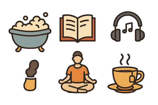 Set of self care and relaxation icons for wellness activities