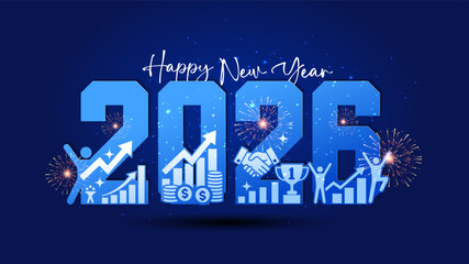 Happy New Year 2026 number with finance, business success, growth celebration icons and background vector illustration.