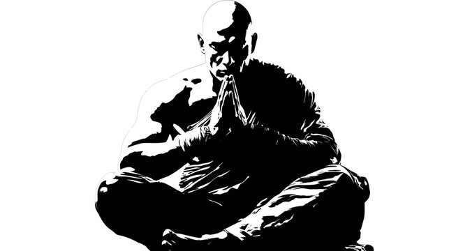 Bald man meditating in spiritual prayer pose, black and white graphic illustration of mindfulness and tranquility