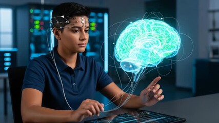 Engineer Studying Holographic Neural Patterns with Headset in Lab - Powered by Adobe