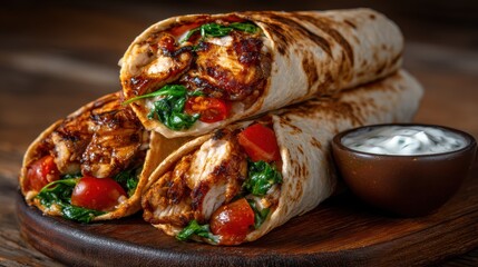 Delicious grilled chicken wraps filled with fresh vegetables and flavor, beautifully arranged on a wooden plate, showcasing a mouthwatering meal suitable for any occasion.
