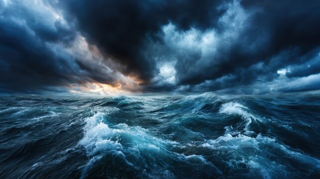 A powerful ocean scene captures tumultuous waves under a dramatic sky filled with clouds, conveying a sense of intensity and the raw power of nature.