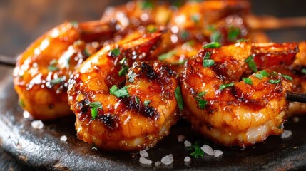 Sizzling shrimp skewers glazed with a rich sauce are beautifully arranged on a wooden platter, bringing out the colors and textures that stimulate appetite and culinary interest.