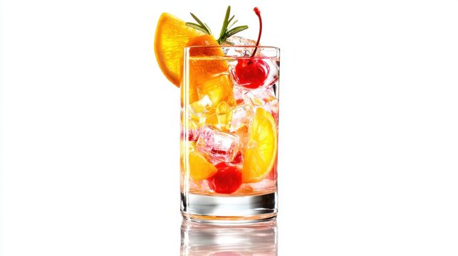 Refreshing fruit cocktail in clear glass with orange slices, cherries, ice and rosemary garnish, perfect for summer drinks, tropical beverages, mixology and restaurant menu photography concepts