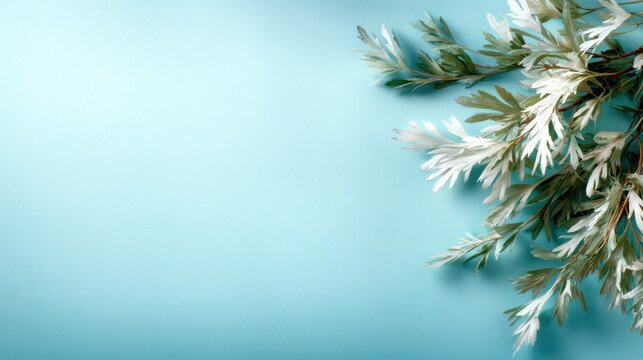 Delicate leaves with a subtle green hue are arranged artfully on a serene blue background, creating a peaceful and calming atmosphere that encourages relaxation and mindfulness.