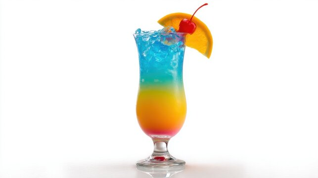Stunning layered tropical cocktail with blue curacao and orange juice gradient, garnished with orange slice and cherry for summer party drinks and professional bar menu photography concept