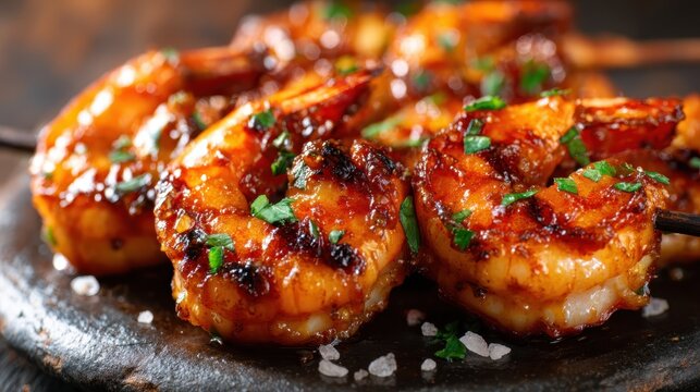 Sizzling shrimp skewers glazed with a rich sauce are beautifully arranged on a wooden platter, bringing out the colors and textures that stimulate appetite and culinary interest.