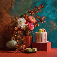Artistic dessert composition with a modern cake, vibrant flowers, and textured background in bold teal and red tones creating a striking still life scene