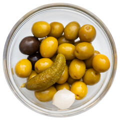 Black and green olives, onion, pickled cucumber - delicious snack. Isolated over white background