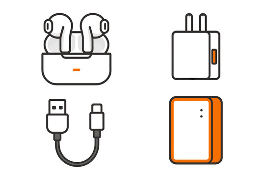 Wireless earbuds charging case power adapter USB cable and portable battery icons