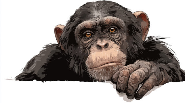 Detailed illustration of a thoughtful chimpanzee ape resting its head and looking directly at the viewer with an expressive gaze.