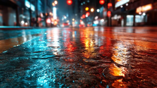 A stunning night scene capturing colorful reflections on a wet street, illuminated by neon lights and lanterns, creating an engaging atmosphere full of life and energy.