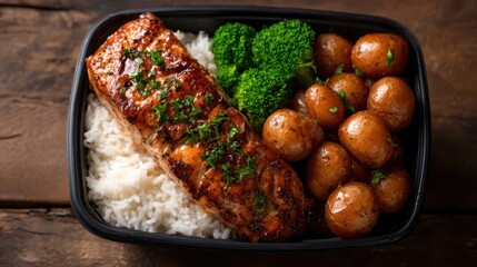 This image showcases a delicious grilled salmon fillet served over fluffy rice, accompanied by vibrant broccoli and roasted baby potatoes in a meal prep container.
