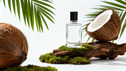Glass bottle with transparent colorless perfume surrounded by coconuts and palm leaves