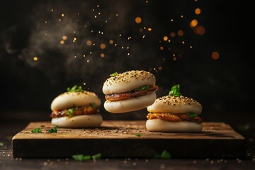 Crispy tempura bao buns with teriyaki-glazed pork belly, floating sesame seeds