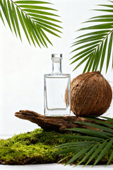 Glass bottle with transparent colorless perfume surrounded by coconuts and palm leaves