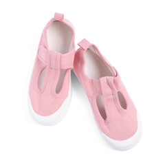 Pair of stylish kid's shoes isolated on white, above view