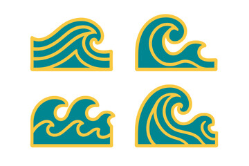 Four stylized ocean wave icons in teal and yellow colors