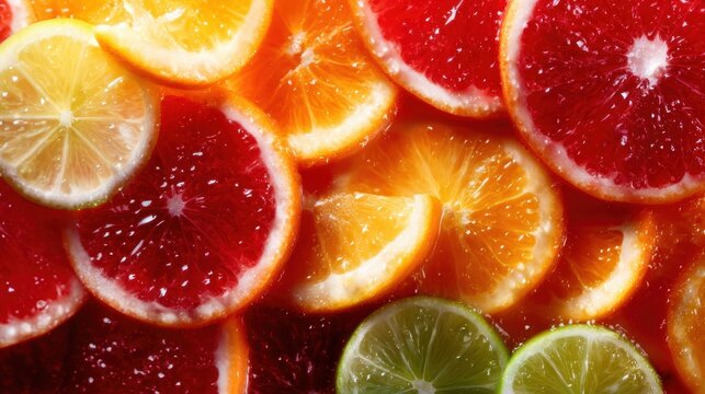 A vibrant composition of assorted citrus fruit slices, showcasing their colorful textures and juices, celebrating freshness, vitality, and the vibrant essence of nature’s bounty.