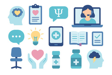 Set of flat icons for mental health therapy and psychological wellness concepts