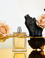 Bottle of golden perfume in water and with tree bark and roses next to it