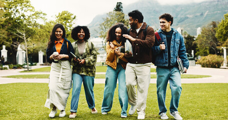 College, education and excited people with walking for friends, learning and knowledge. University, academy and youth development with gen z students on campus for scholarship, break and bonding