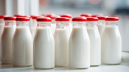 Fresh milk in glass bottles with red caps arranged on white surface in bright dairy production facility setting