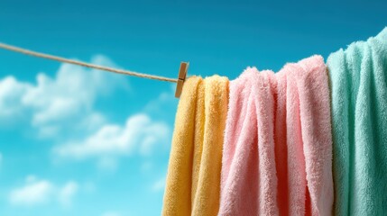A vibrant display of freshly washed towels hanging on a line against a backdrop of a blue sky, evoking a sense of freshness, simplicity, and the joys of everyday life.