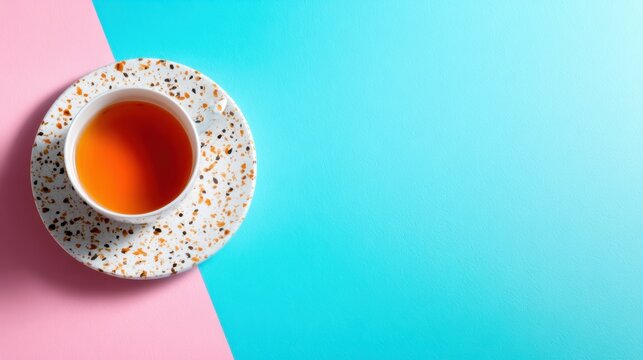 A serene cup of tea presented elegantly on a colorful background, radiating tranquility and inviting moments of relaxation perfect for tea lovers and wellness enthusiasts.