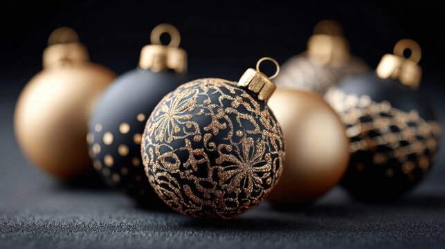 Elegant Christmas ornaments in gold and black on a dark background.