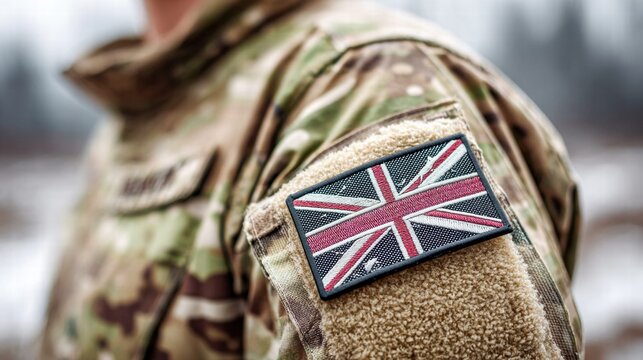 A close-up shot of a British soldier's uniform with the Union Jack flag patch.