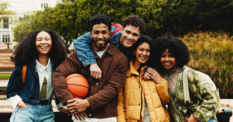 College, education and portrait of people with smile for friends, learning and knowledge. University, academy and youth development with gen z students on campus for scholarship, break and bonding