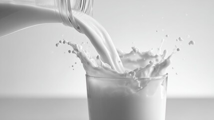 Milk pouring into glass creating dynamic splash with droplets on white background. Fresh dairy beverage in motion with crown splash effect