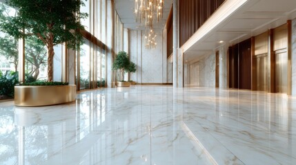 An opulent lobby space featuring stunning marble flooring, large windows, indoor trees, and elegant chandeliers that create a bright and welcoming atmosphere for visitors.