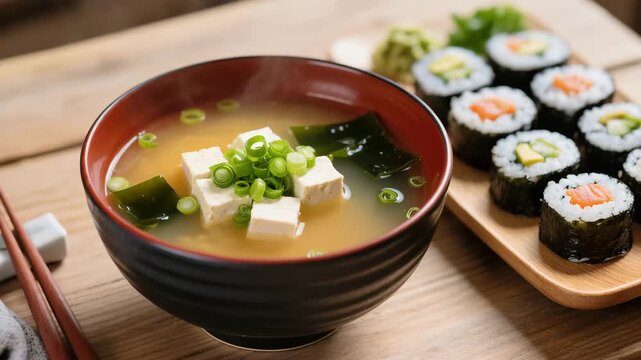 Bowl of miso soup with tofu cubes, seaweed and sliced green onion next to a tray of sushi rolls with fish and vegetables. Classic Japanese cuisine. Warm and healthy dish.