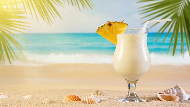 Glass of tropical creamy cocktail with pineapple slice on beach sand, seashells around and turquoise sea in background. Palm leaves frame the scene. Exotic and refreshing summer vibe.