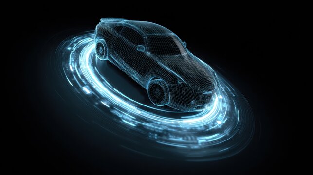 Digital Car Hologram Rotates in Air, Showcasing Advanced Smart Diagnostics Technology