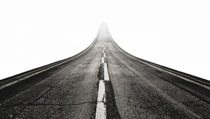 Long cracked asphalt road curving up to a distant, bright future