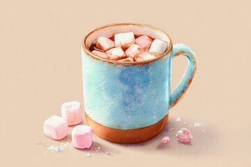 watercolor illustration of cozy mug of hot chocolate with marshmallows, pastel beige background, warm Christmas mood