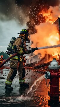 Firefighter battling intense urban fire with hose near hydrant.