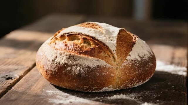 Whole loaf of rustic bread with cracked crust and flour dusting, placed on wooden surface. Freshly baked artisan bread. Natural and homemade look. Traditional bakery style.