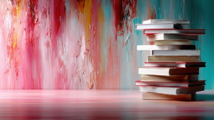 This artistic image showcases a neatly stacked pile of books against a beautifully painted background, representing knowledge, creativity, and the importance of literature in shaping minds.
