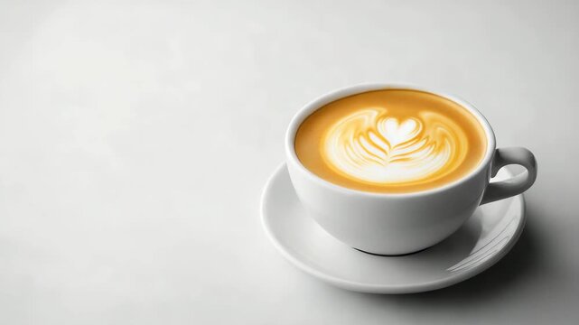 Hot cappuccino with intricate latte art served in a white cup and saucer on a white background. Minimal style with smooth foam and coffee contrast. Warm beverage. - Powered by Adobe