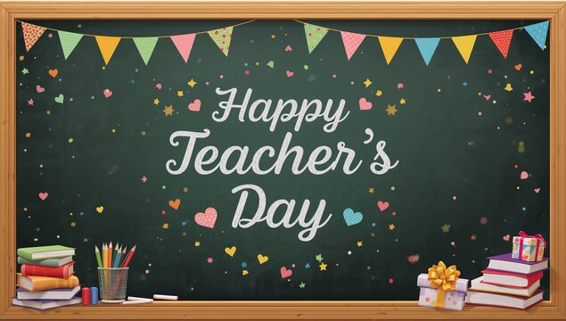 Happy teacher's day message, chalkboard, school supplies, gifts - Powered by Adobe