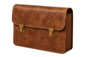 Brown leather briefcase with brass latches on a transparent background, depicting professional business and travel accessory