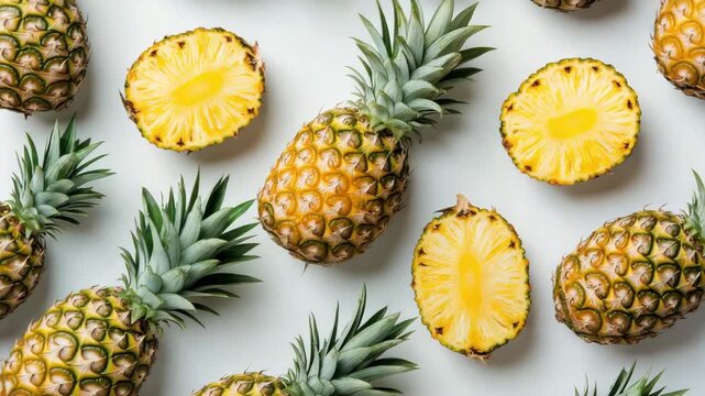 Fresh pineapples, both whole and cut in half, displayed on a bright surface. Juicy yellow flesh and green leaves create a tropical and vibrant visual. Healthy food.